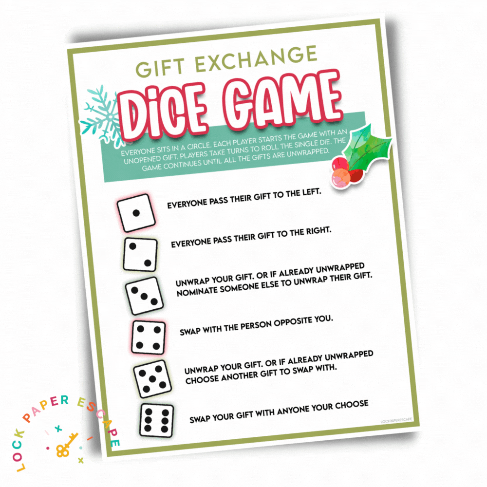 christmas dice gift exchange game - lock paper escape